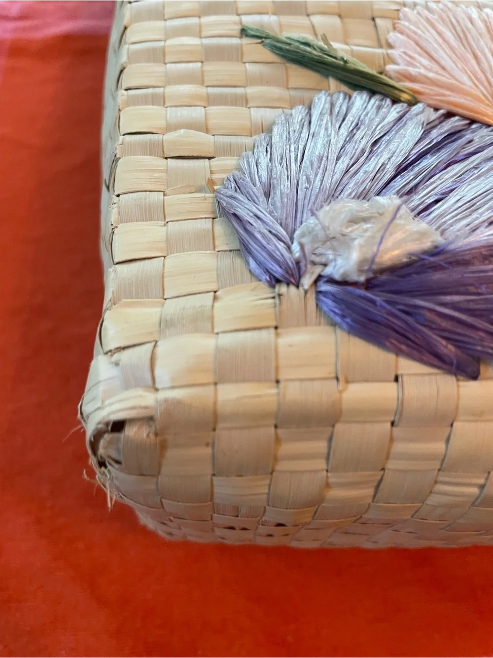 Vintage Raffia Satchel with Multicolor Floral “Jamaica” Straw Embroidery